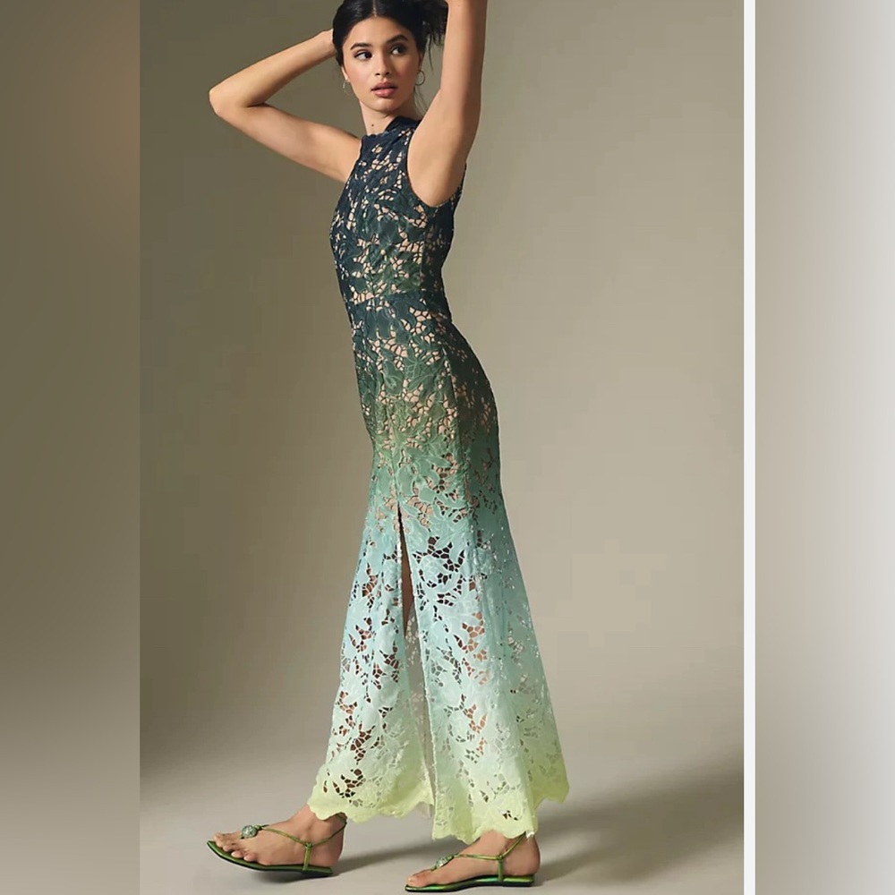 Anthropologie Green Ombre Lace Maxi Dress